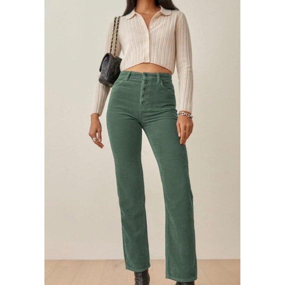 Reformation High-Rise Straight Leg Corduroy Pants in Forest Green